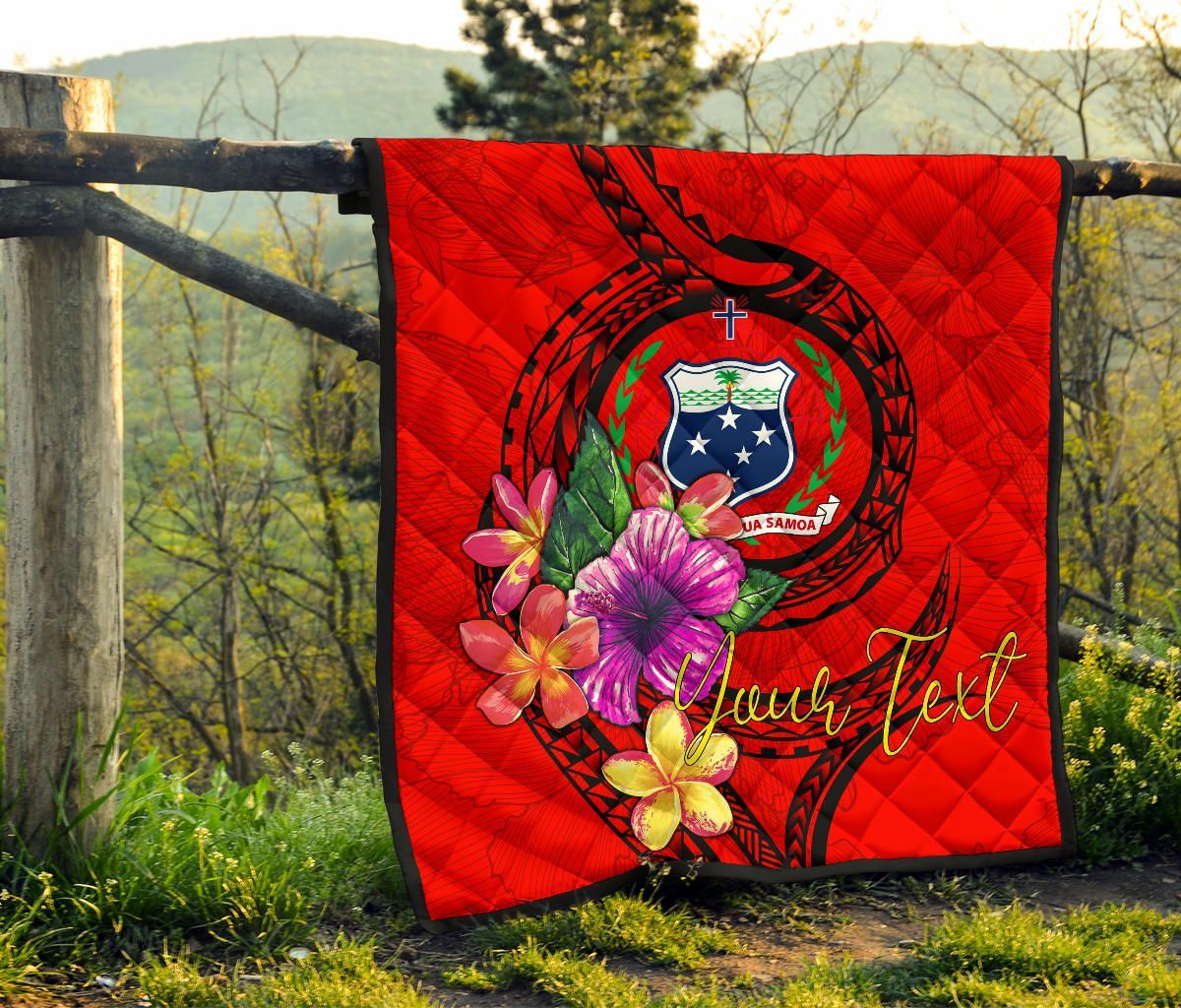 Samoa Polynesian Custom Personalised Premium Quilt - Floral With Seal Red