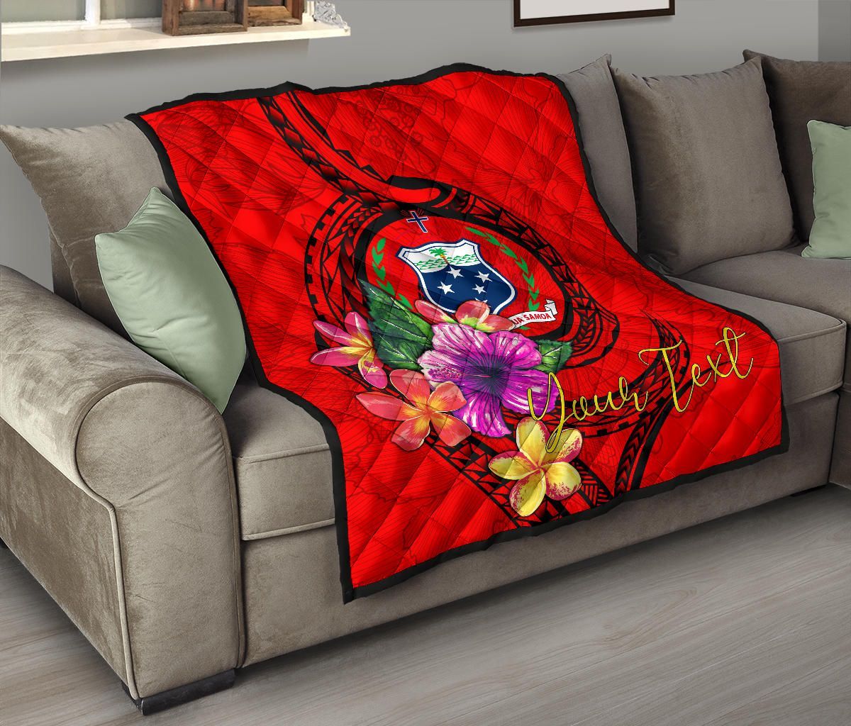 Samoa Polynesian Custom Personalised Premium Quilt - Floral With Seal Red