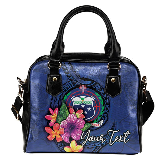 Samoa Polynesian Custom Personalised Shoulder Handbag - Floral With Seal Blue