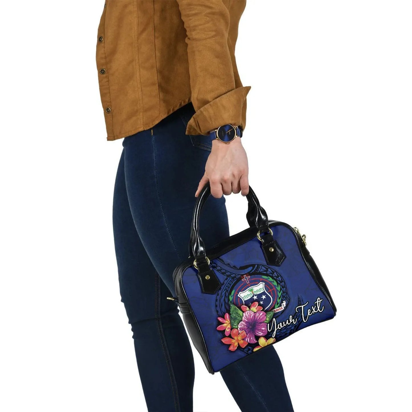 Samoa Polynesian Custom Personalised Shoulder Handbag - Floral With Seal Blue