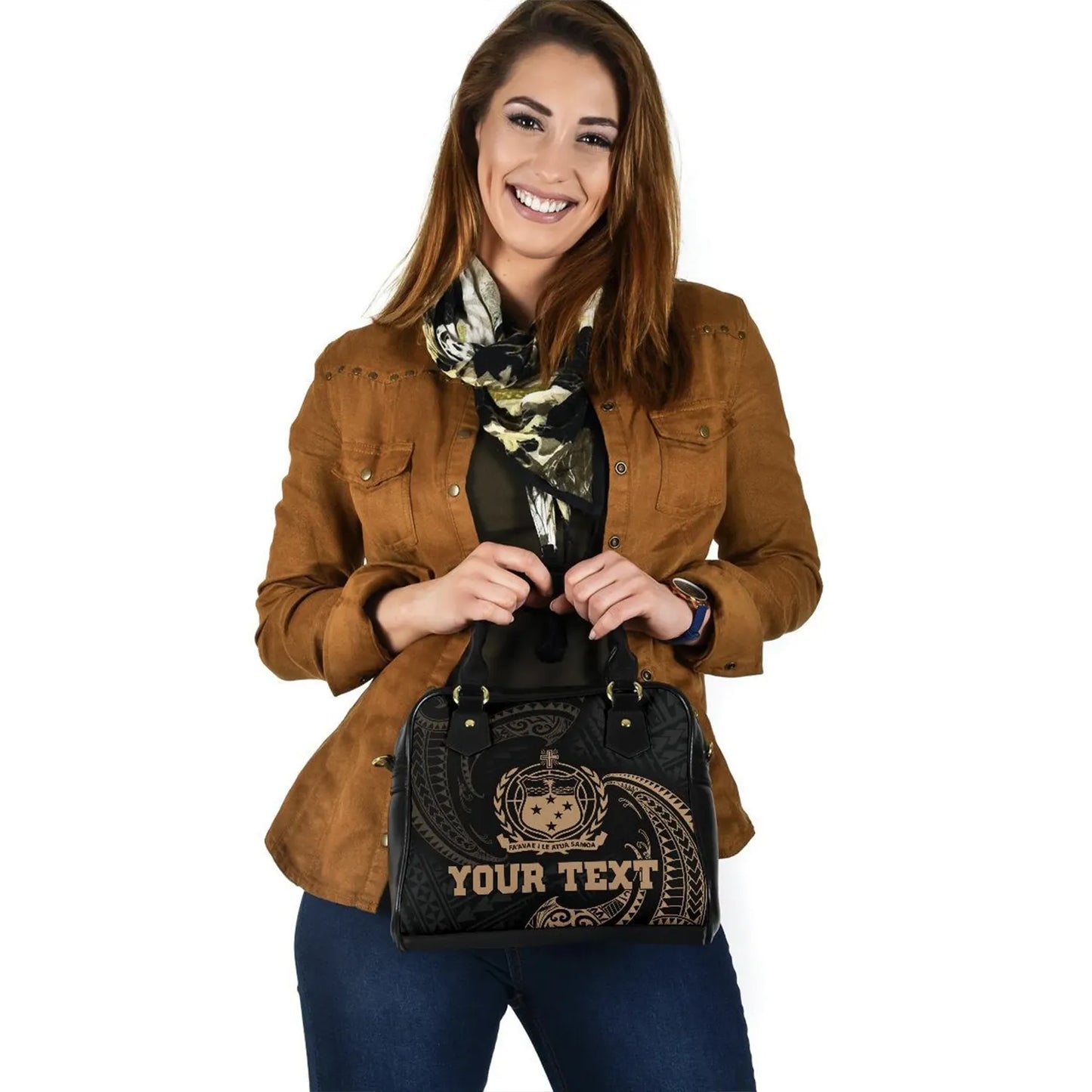 Samoa Polynesian Custom Personalised Shoulder Handbag - Gold Tribal Wave