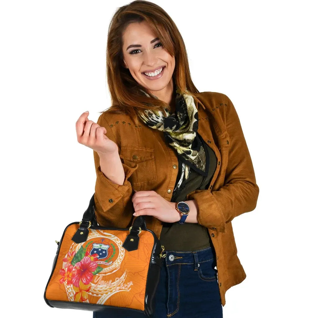 Samoa Polynesian Custom Personalised Shoulder Handbag - Orange Floral With Seal