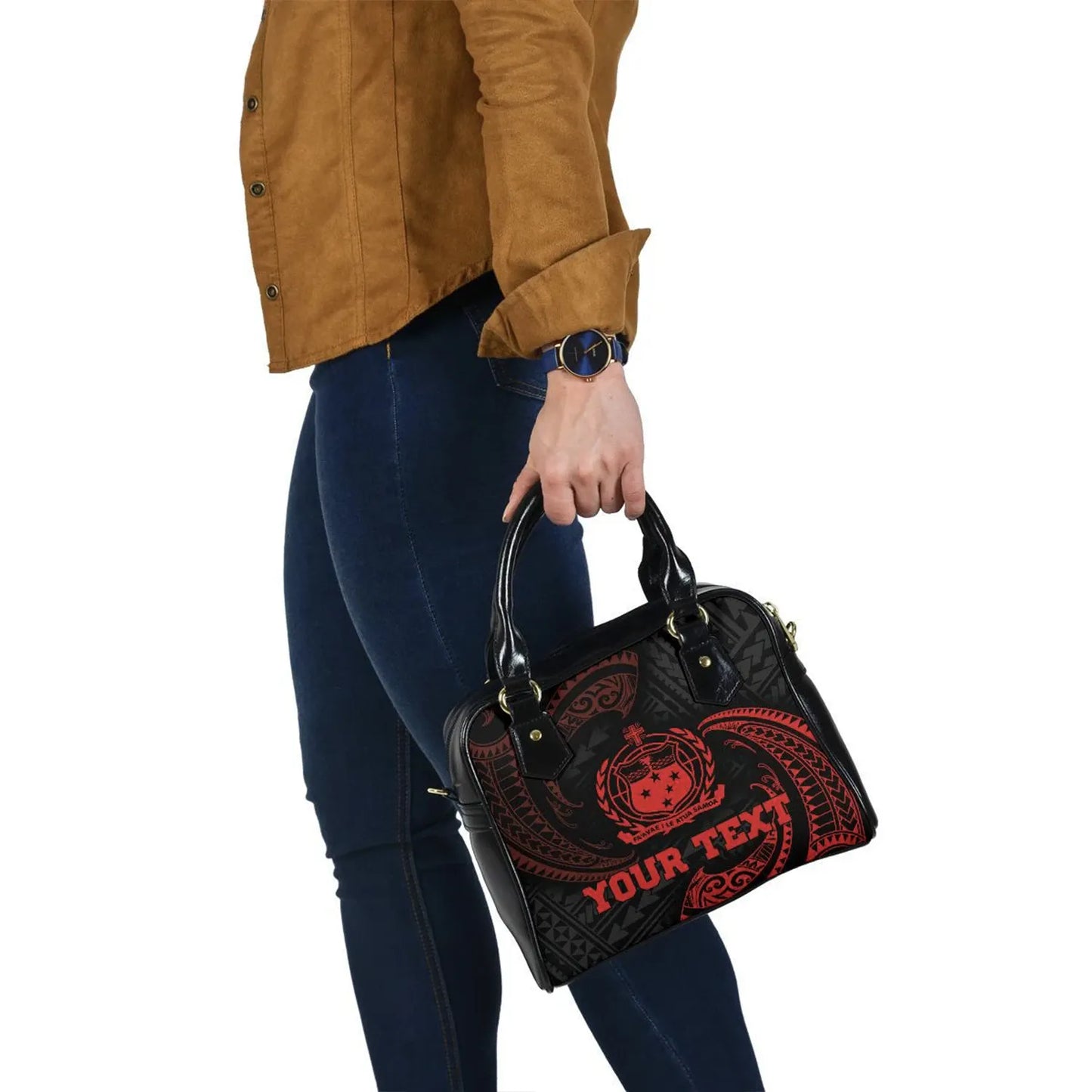 Samoa Polynesian Custom Personalised Shoulder Handbag - Red Tribal Wave