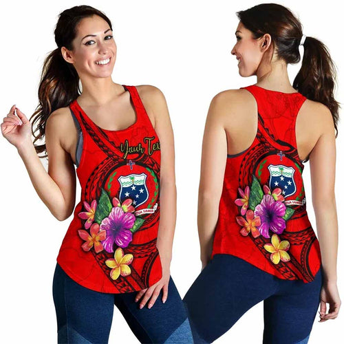 Samoa Polynesian Custom Personalised Women Racerback Tank - Floral With Seal Red