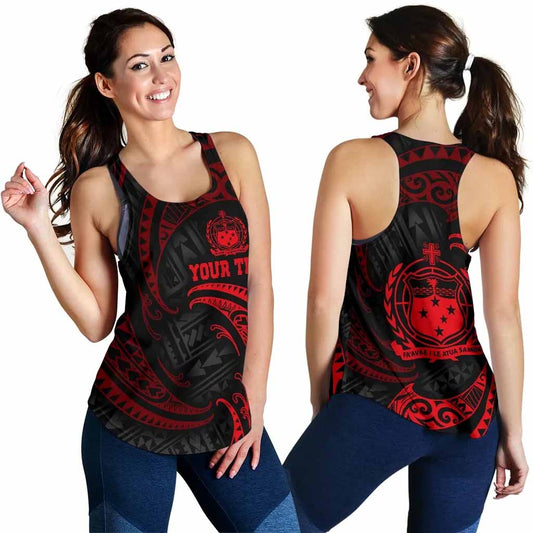 Samoa Polynesian Custom Personalised Women Racerback Tank - Red Tribal Wave