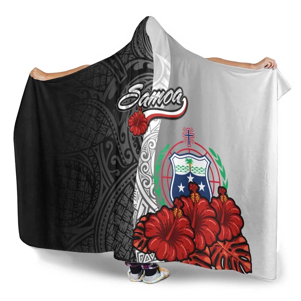 Samoa Polynesian Hooded Blanket- Coat Of Arm With Hibiscus White
