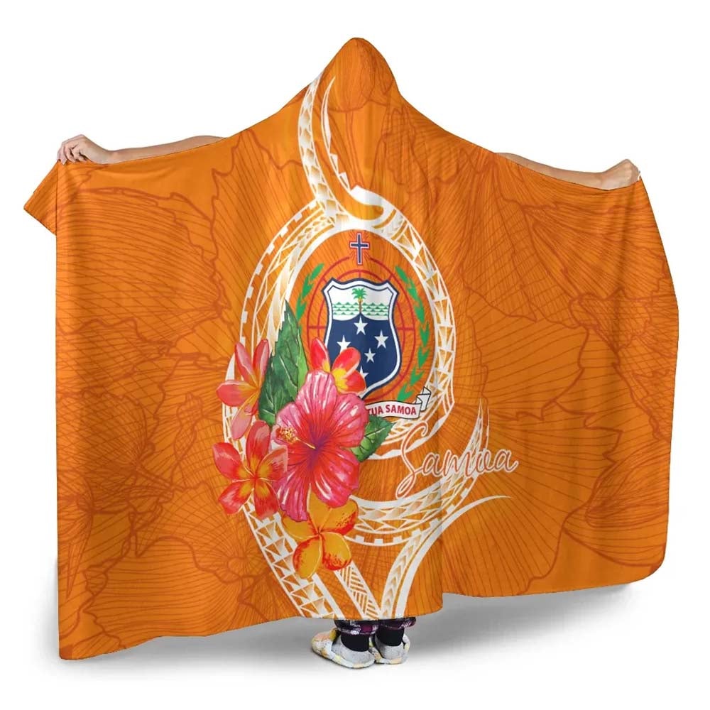 Samoa Polynesian Hooded Blanket - Orange Floral With Seal