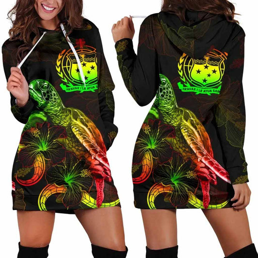 Samoa Polynesian Hoodie Dress - Turtle With Blooming Hibiscus Reggae