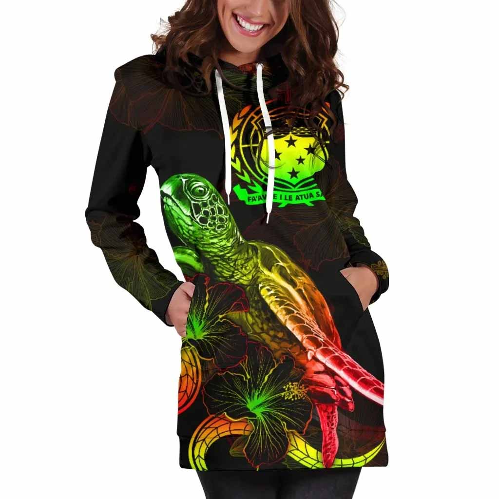 Samoa Polynesian Hoodie Dress - Turtle With Blooming Hibiscus Reggae