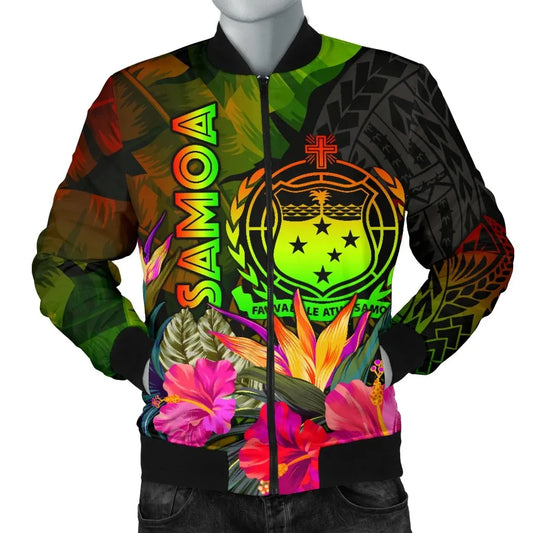 Samoa Polynesian Bomber Jacket - Hibiscus and Banana Leaves