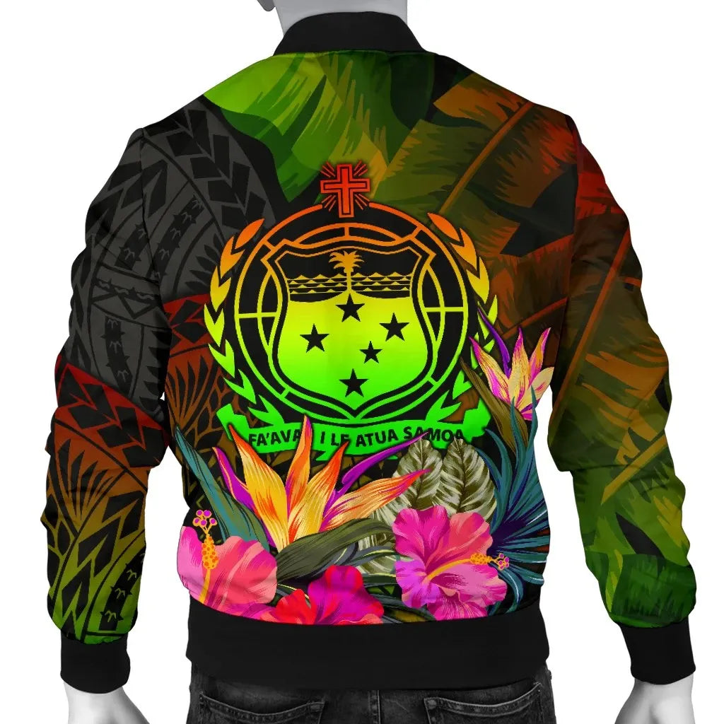 Samoa Polynesian Bomber Jacket - Hibiscus and Banana Leaves