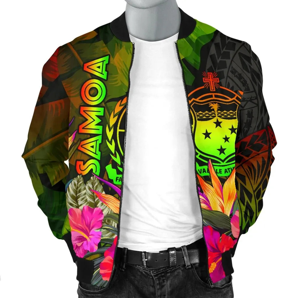 Samoa Polynesian Bomber Jacket - Hibiscus and Banana Leaves