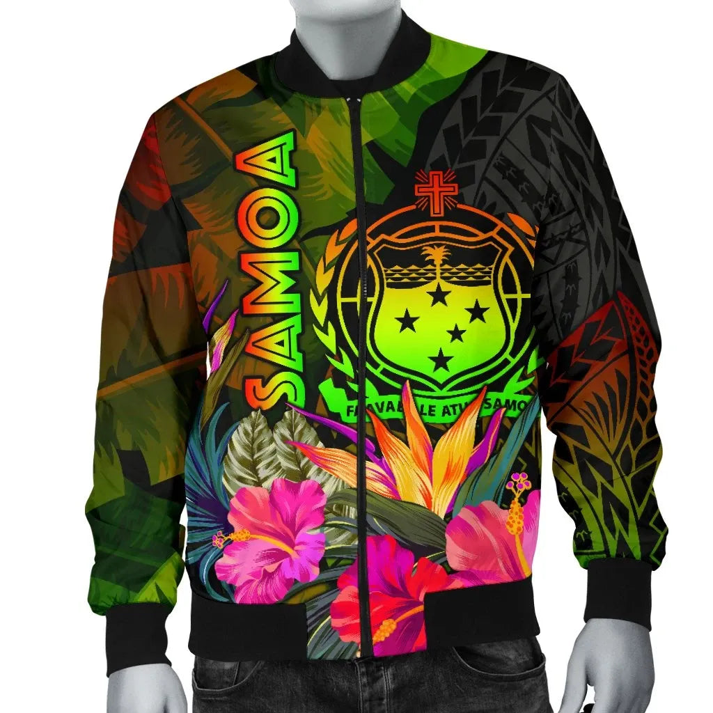 Samoa Polynesian Bomber Jacket - Hibiscus and Banana Leaves