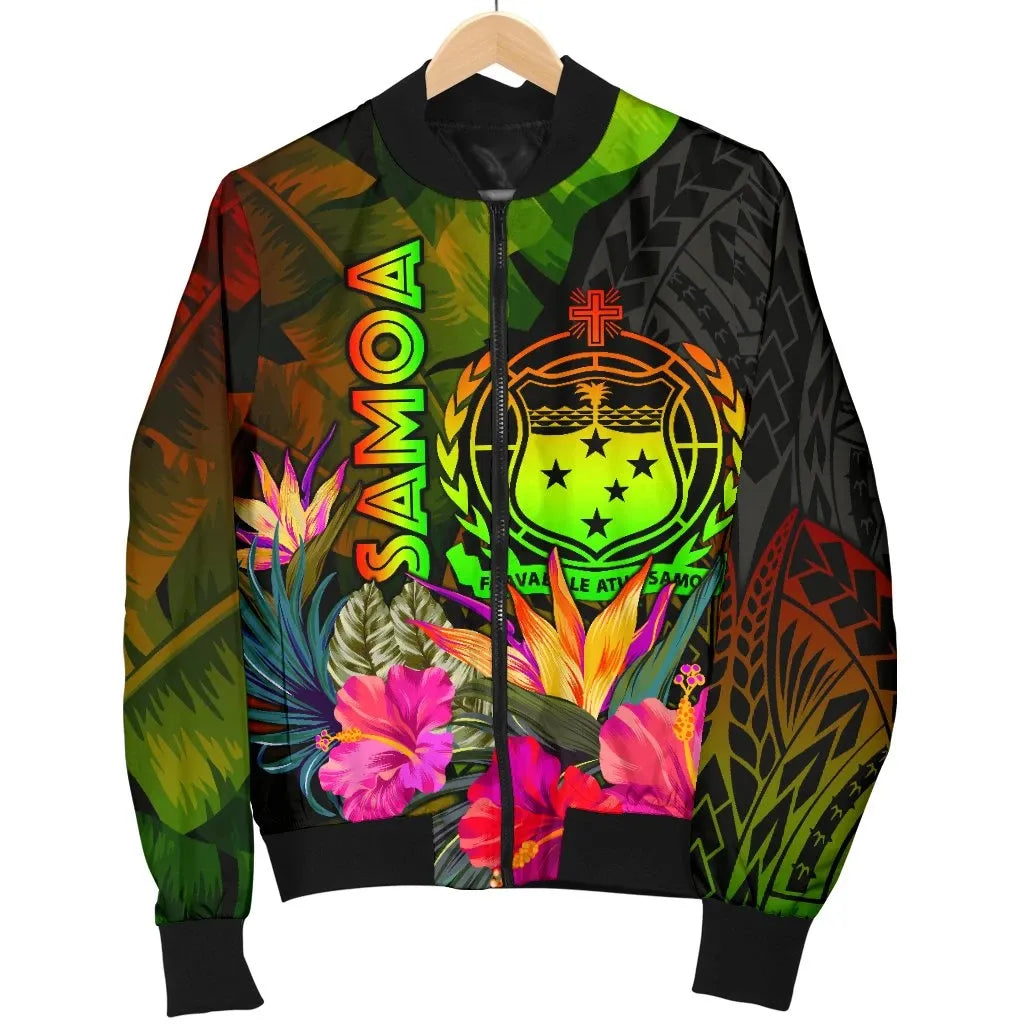 Samoa Polynesian Bomber Jacket - Hibiscus and Banana Leaves