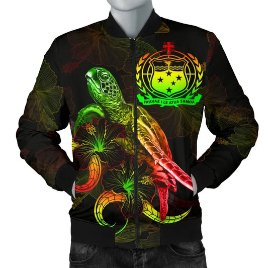 Samoa Polynesian Bomber Jacket - Turtle With Blooming Hibiscus Reggae