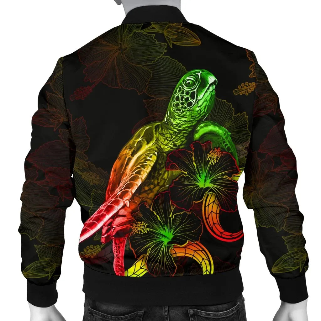 Samoa Polynesian Bomber Jacket - Turtle With Blooming Hibiscus Reggae