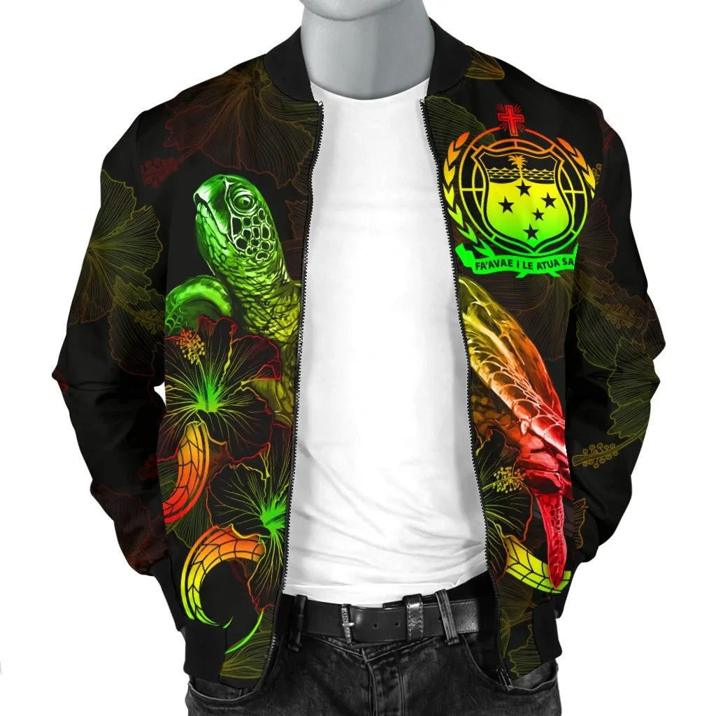 Samoa Polynesian Bomber Jacket - Turtle With Blooming Hibiscus Reggae