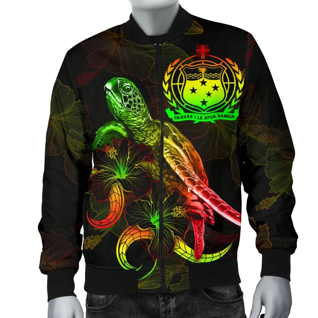 Samoa Polynesian Bomber Jacket - Turtle With Blooming Hibiscus Reggae