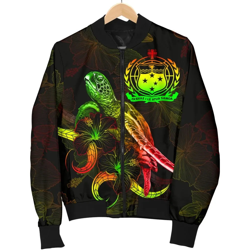 Samoa Polynesian Bomber Jacket - Turtle With Blooming Hibiscus Reggae