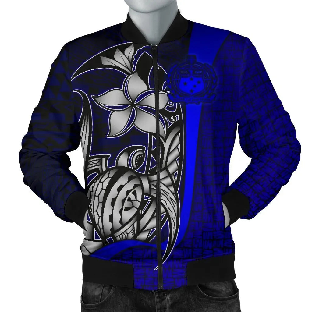 Samoa Polynesian Bomber Jackets Blue - Turtle With Hook