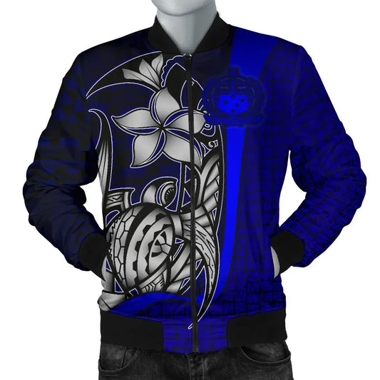 Samoa Polynesian Bomber Jackets Blue - Turtle With Hook