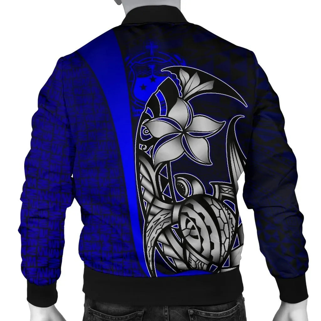 Samoa Polynesian Bomber Jackets Blue - Turtle With Hook