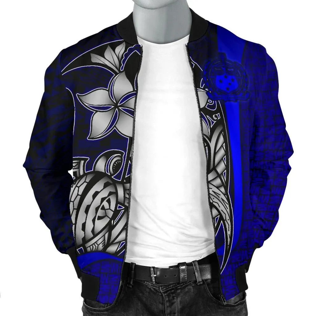 Samoa Polynesian Bomber Jackets Blue - Turtle With Hook