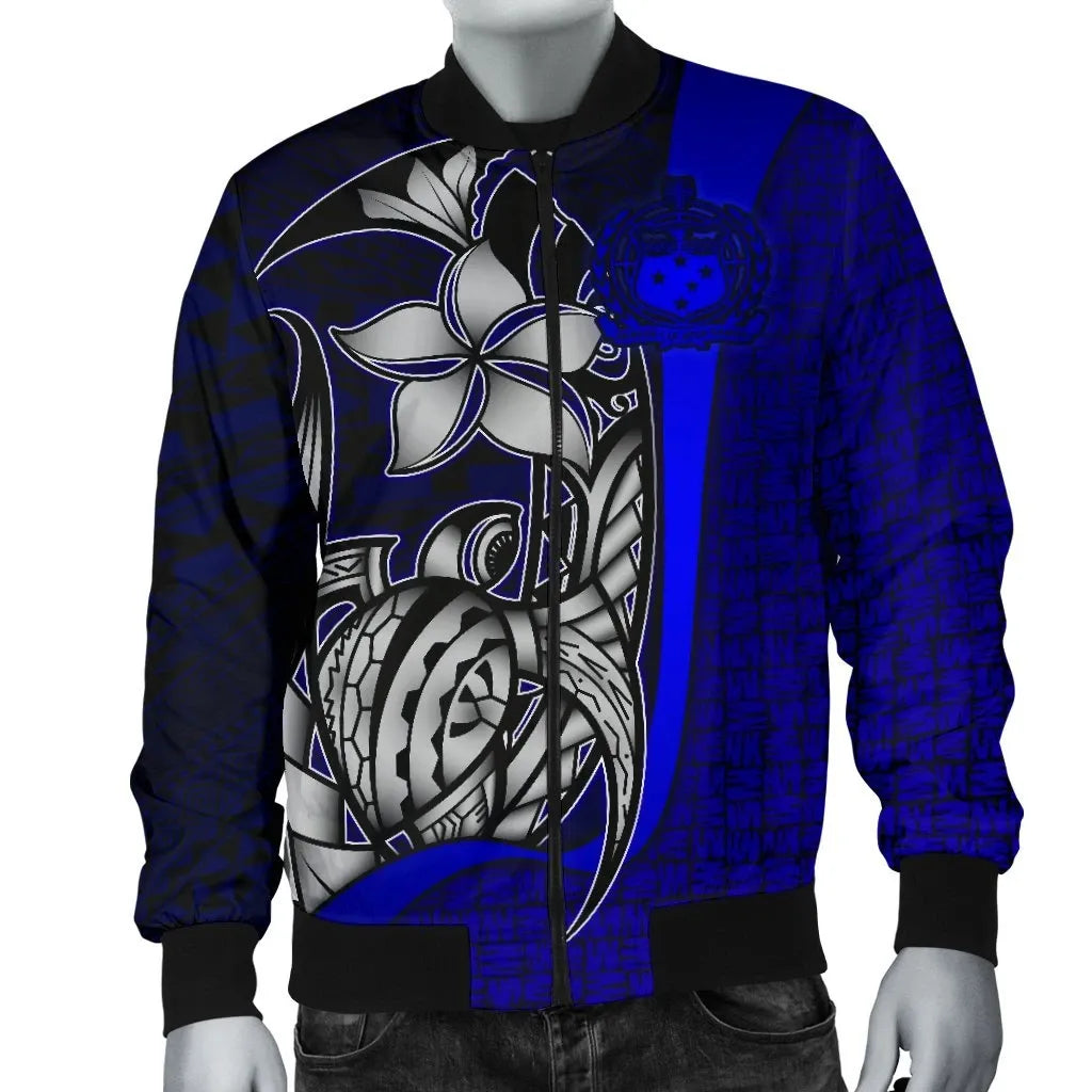 Samoa Polynesian Bomber Jackets Blue - Turtle With Hook