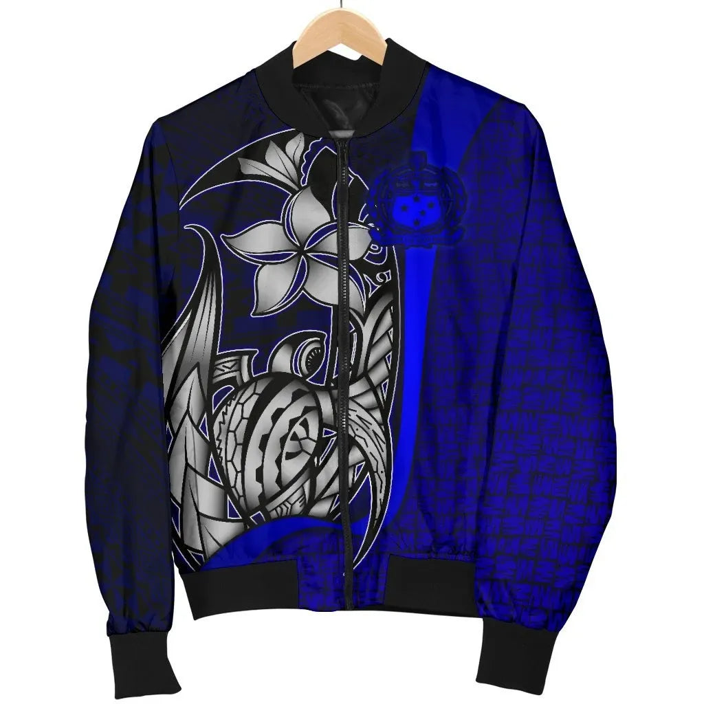 Samoa Polynesian Bomber Jackets Blue - Turtle With Hook