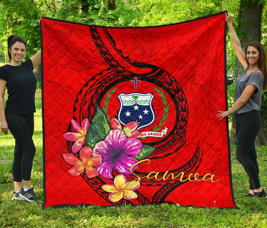 Samoa Polynesian Premium Quilt - Floral With Seal Red