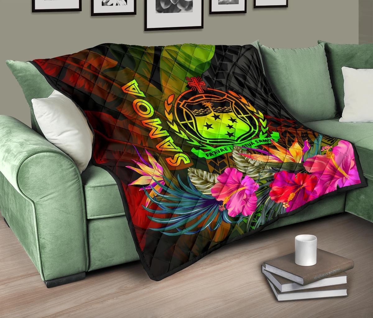 Samoa Polynesian Premium Quilt -  Hibiscus and Banana Leaves