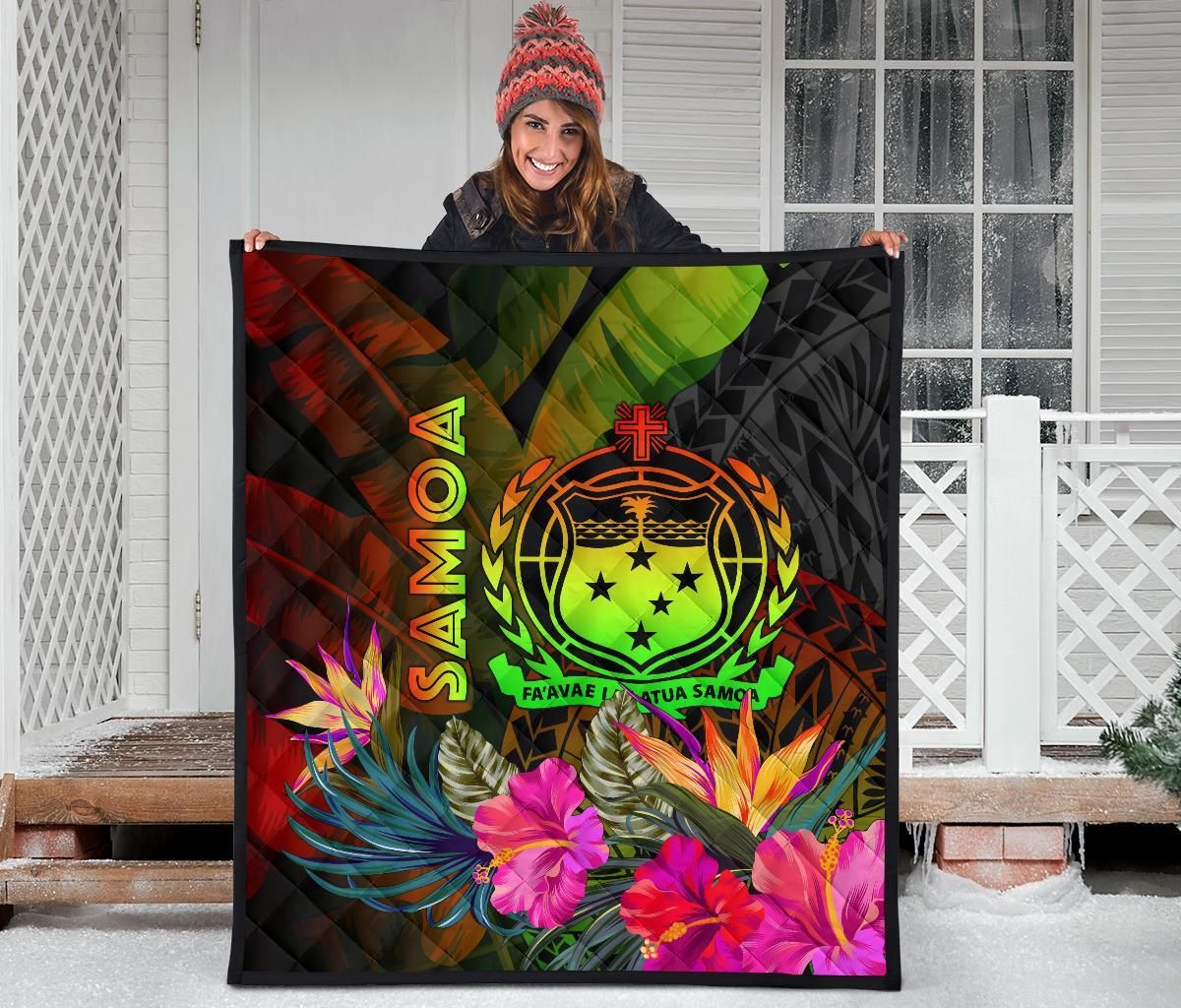 Samoa Polynesian Premium Quilt -  Hibiscus and Banana Leaves