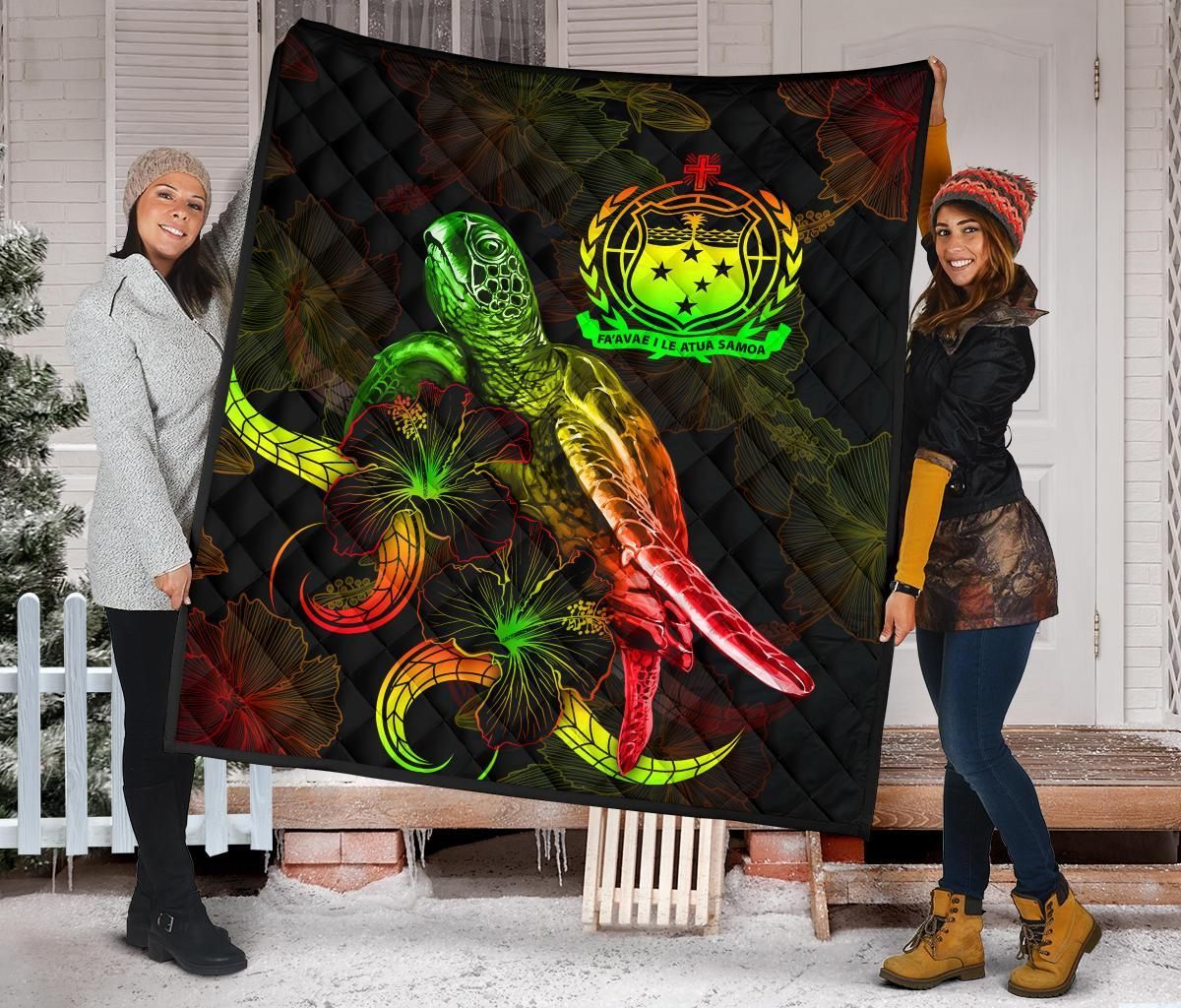 Samoa Polynesian Premium Quilt - Turtle With Blooming Hibiscus Reggae