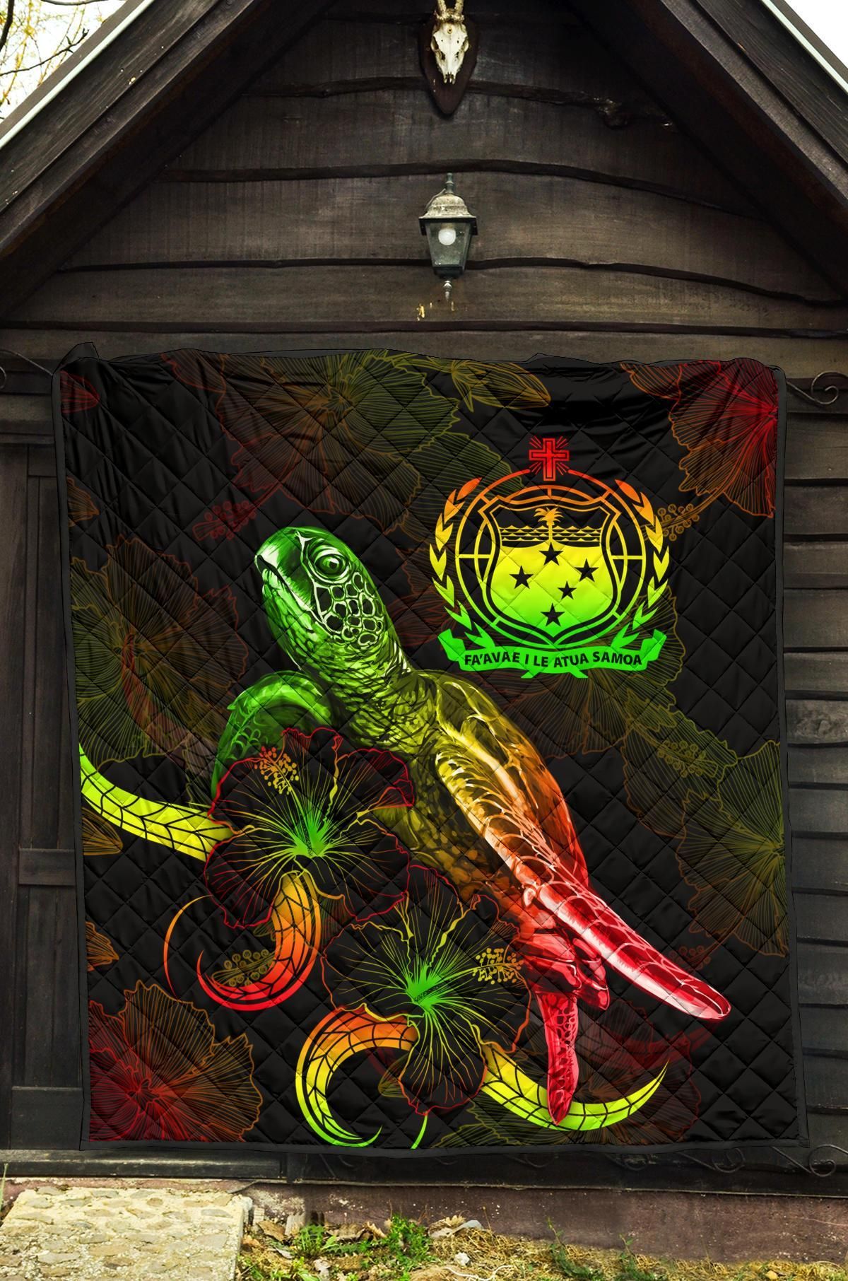 Samoa Polynesian Premium Quilt - Turtle With Blooming Hibiscus Reggae