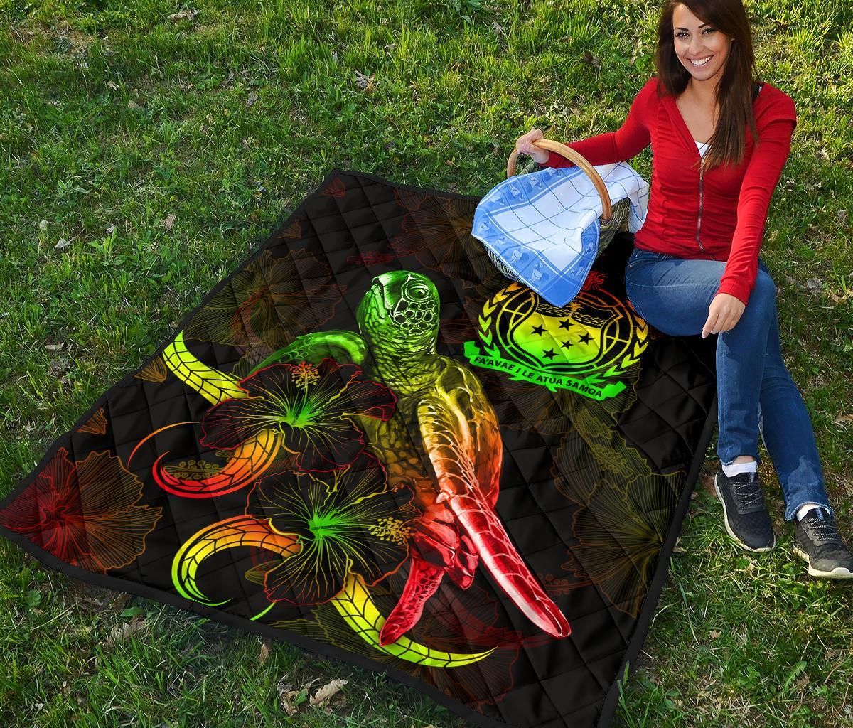 Samoa Polynesian Premium Quilt - Turtle With Blooming Hibiscus Reggae
