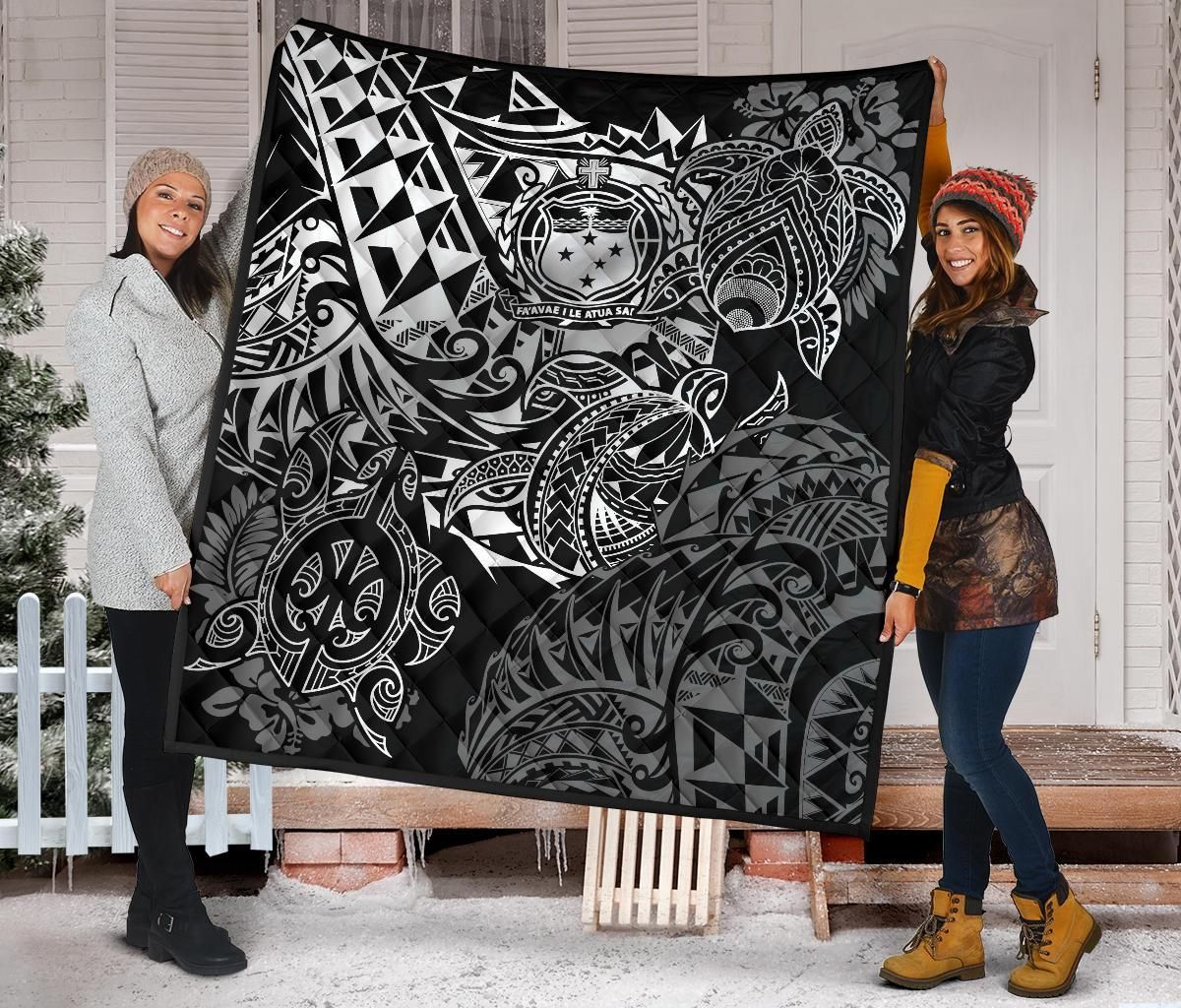 Samoa Polynesian Premium Quilt - White Turtle Flowing