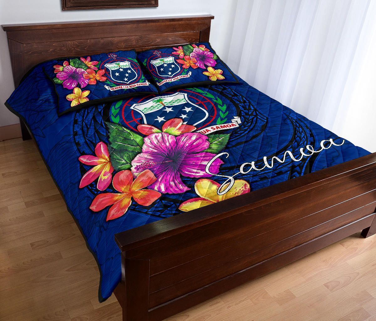 Samoa Polynesian Quilt Bed Set - Floral With Seal Blue