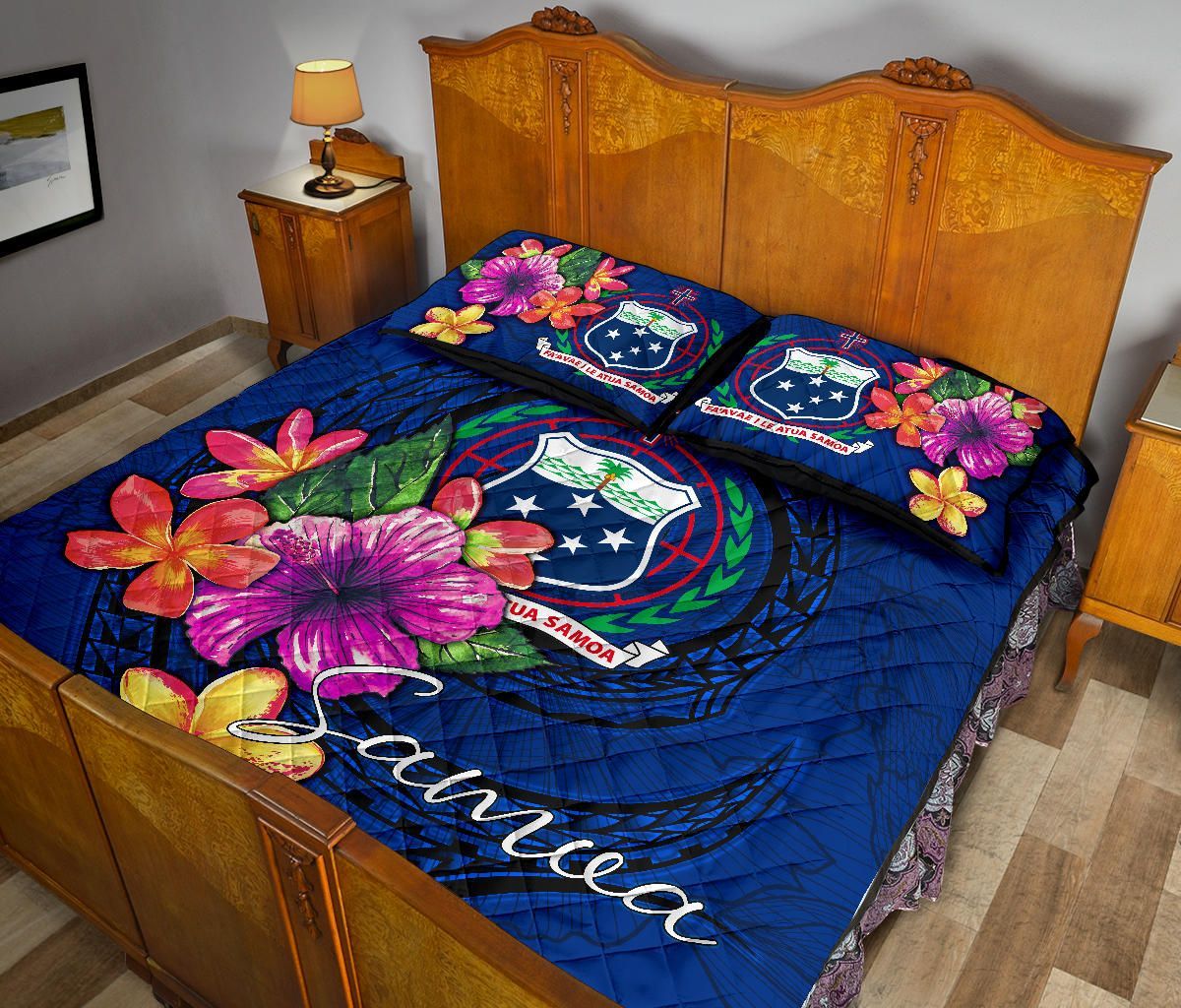 Samoa Polynesian Quilt Bed Set - Floral With Seal Blue