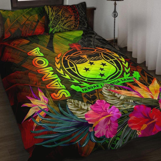 Samoa Polynesian Quilt Bed Set - Hibiscus and Banana Leaves