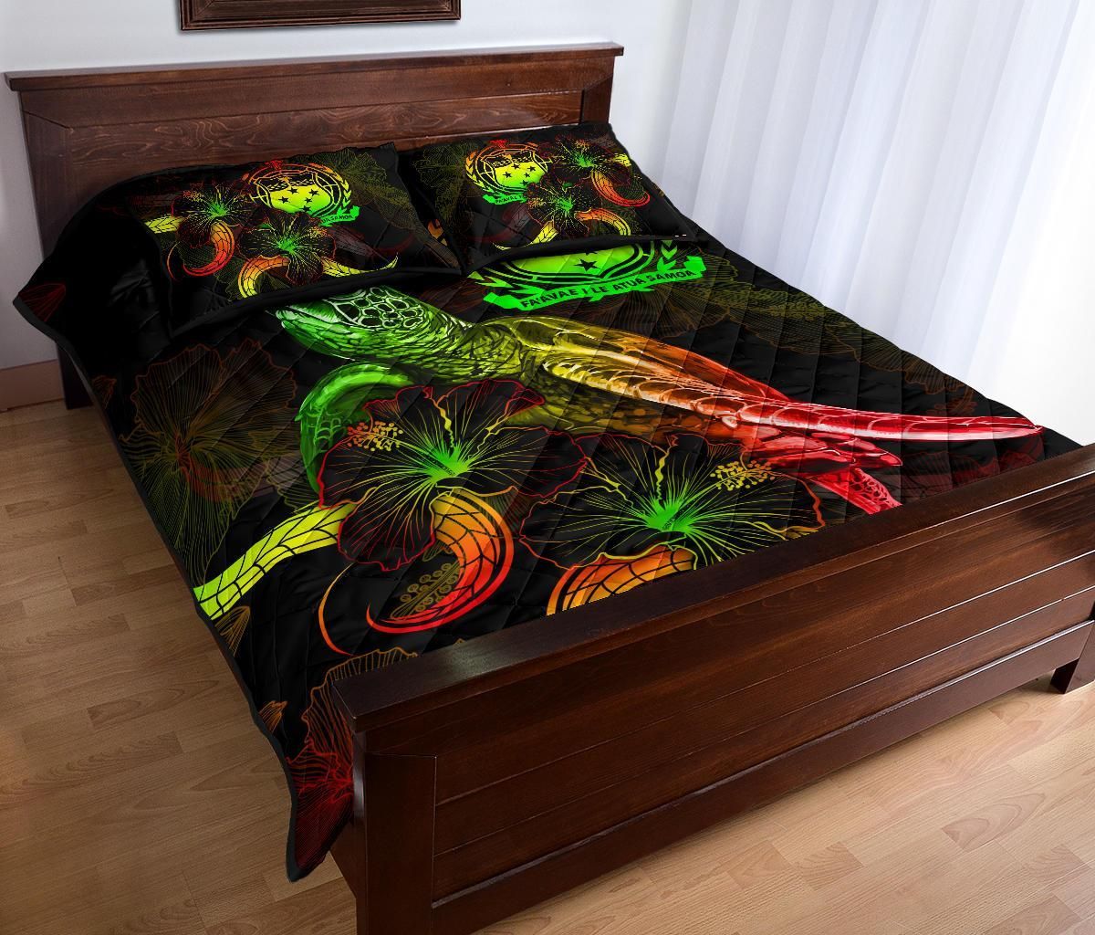 Samoa Polynesian Quilt Bed Set - Turtle With Blooming Hibiscus Reggae