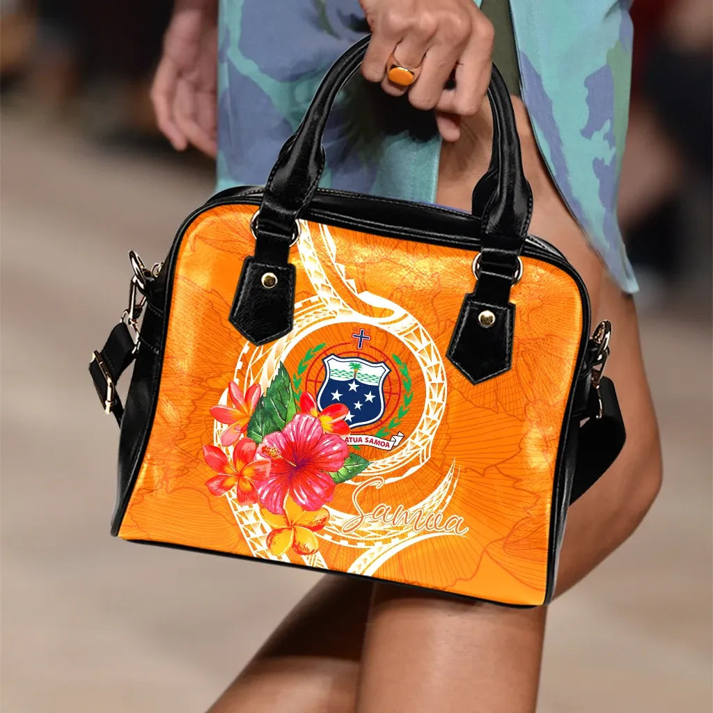 Samoa Polynesian Shoulder Handbag - Orange Floral With Seal