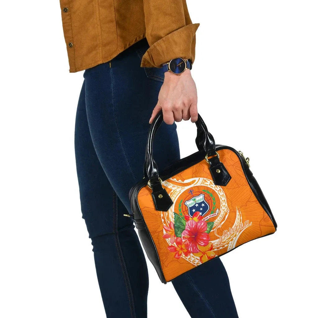 Samoa Polynesian Shoulder Handbag - Orange Floral With Seal