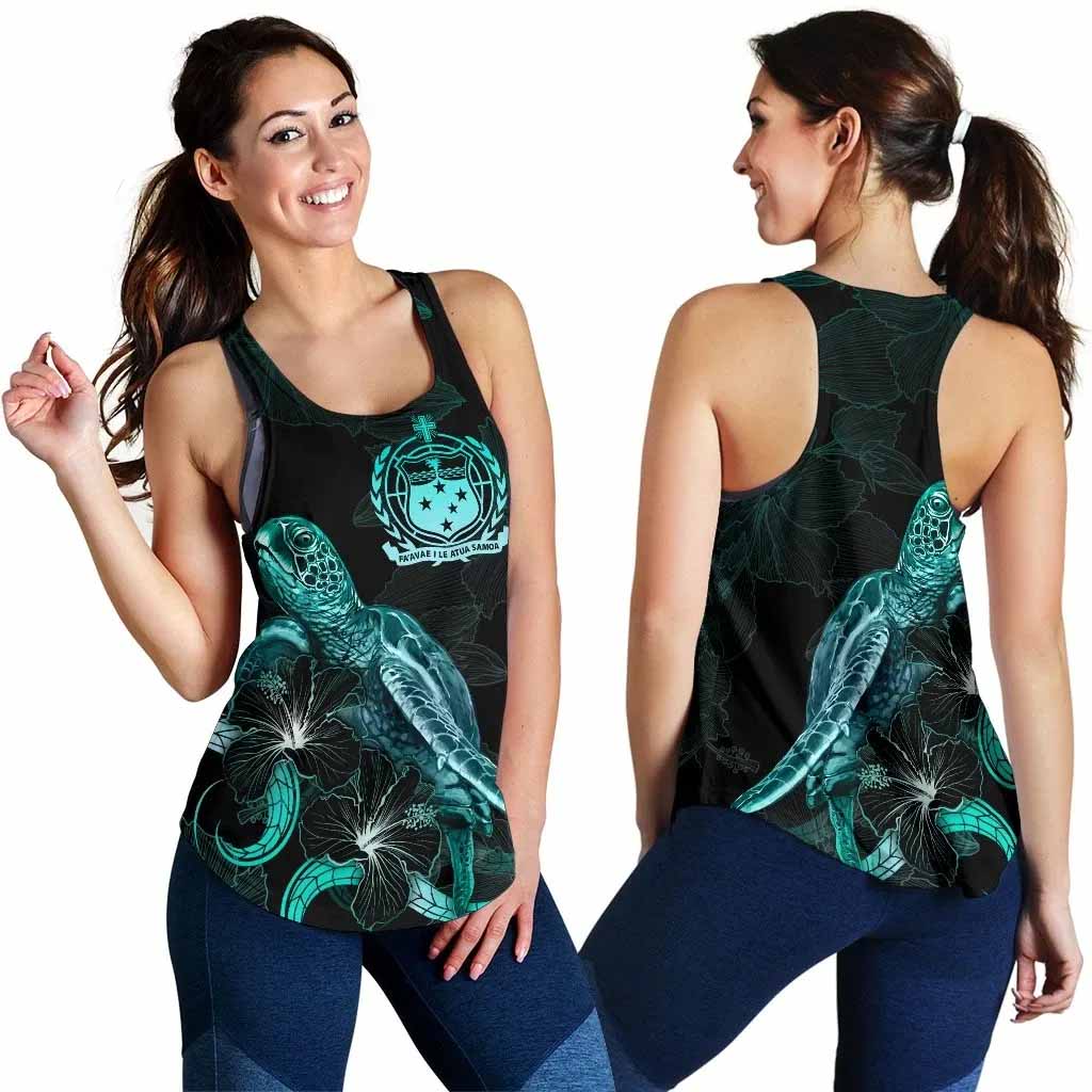 Samoa Polynesian Women Tank Top - Turtle With Blooming Hibiscus Turquoise
