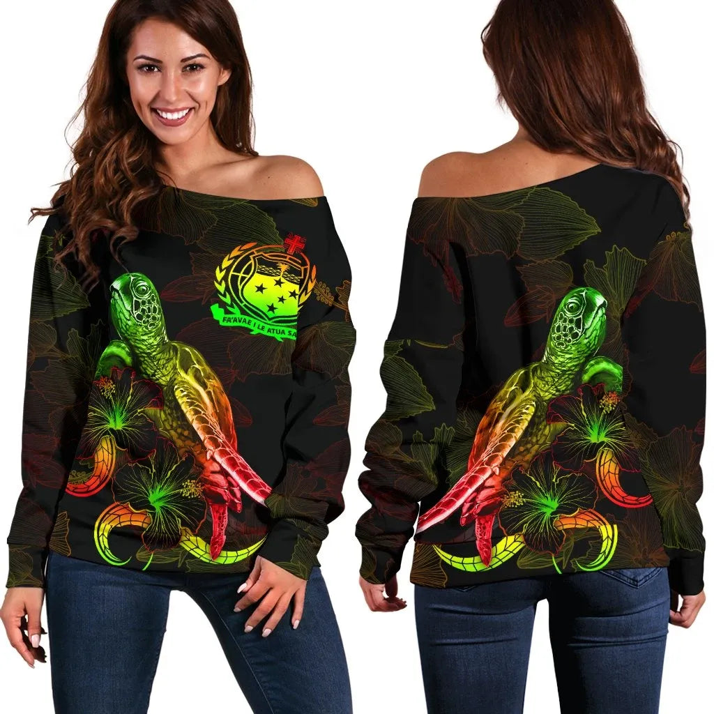 Samoa Polynesian Women Off Shoulder Sweater - Turtle With Blooming Hibiscus Reggae