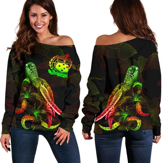Samoa Polynesian Women Off Shoulder Sweater - Turtle With Blooming Hibiscus Reggae