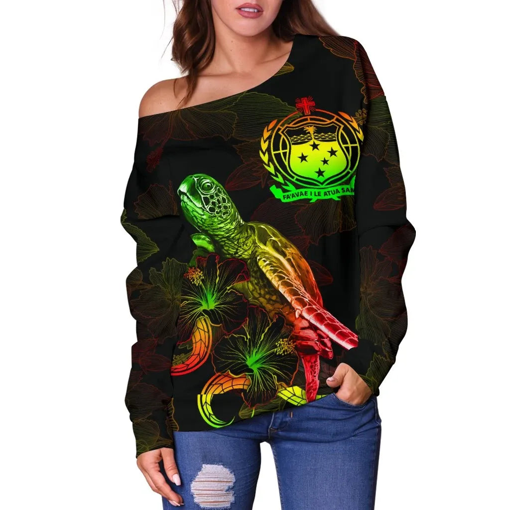 Samoa Polynesian Women Off Shoulder Sweater - Turtle With Blooming Hibiscus Reggae