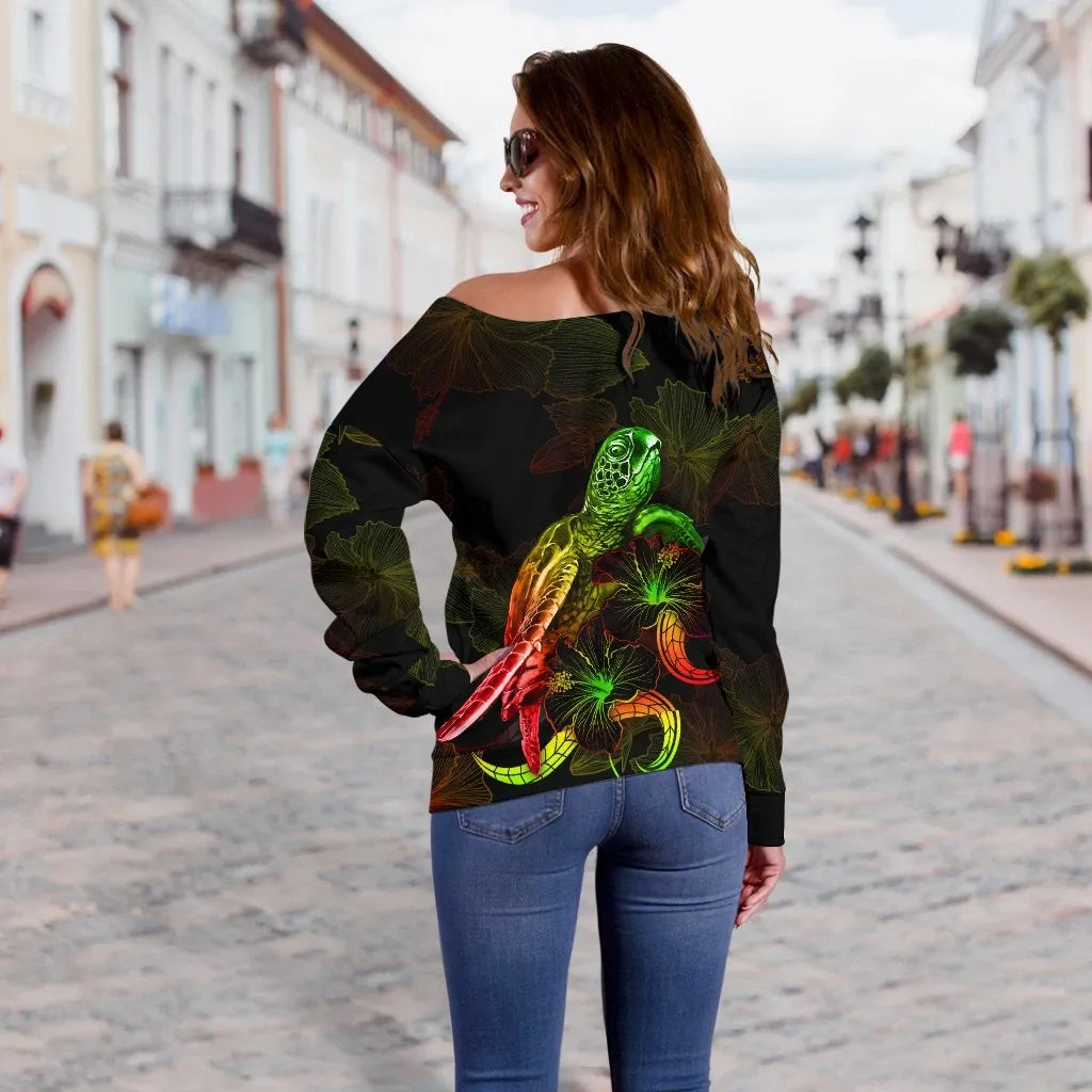 Samoa Polynesian Women Off Shoulder Sweater - Turtle With Blooming Hibiscus Reggae