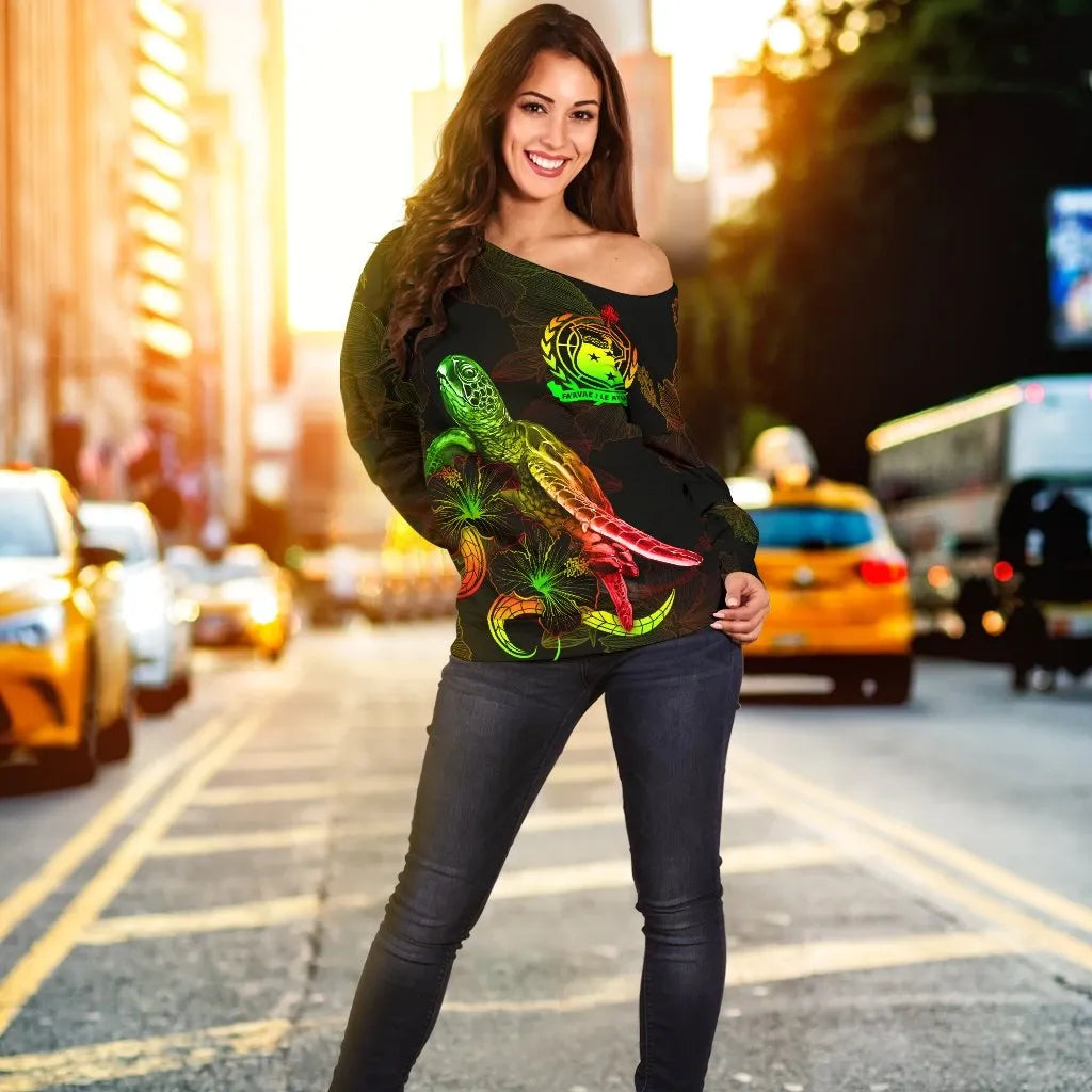 Samoa Polynesian Women Off Shoulder Sweater - Turtle With Blooming Hibiscus Reggae