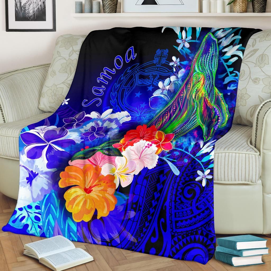Samoa Premium Blanket - Humpback Whale with Tropical Flowers (Blue)