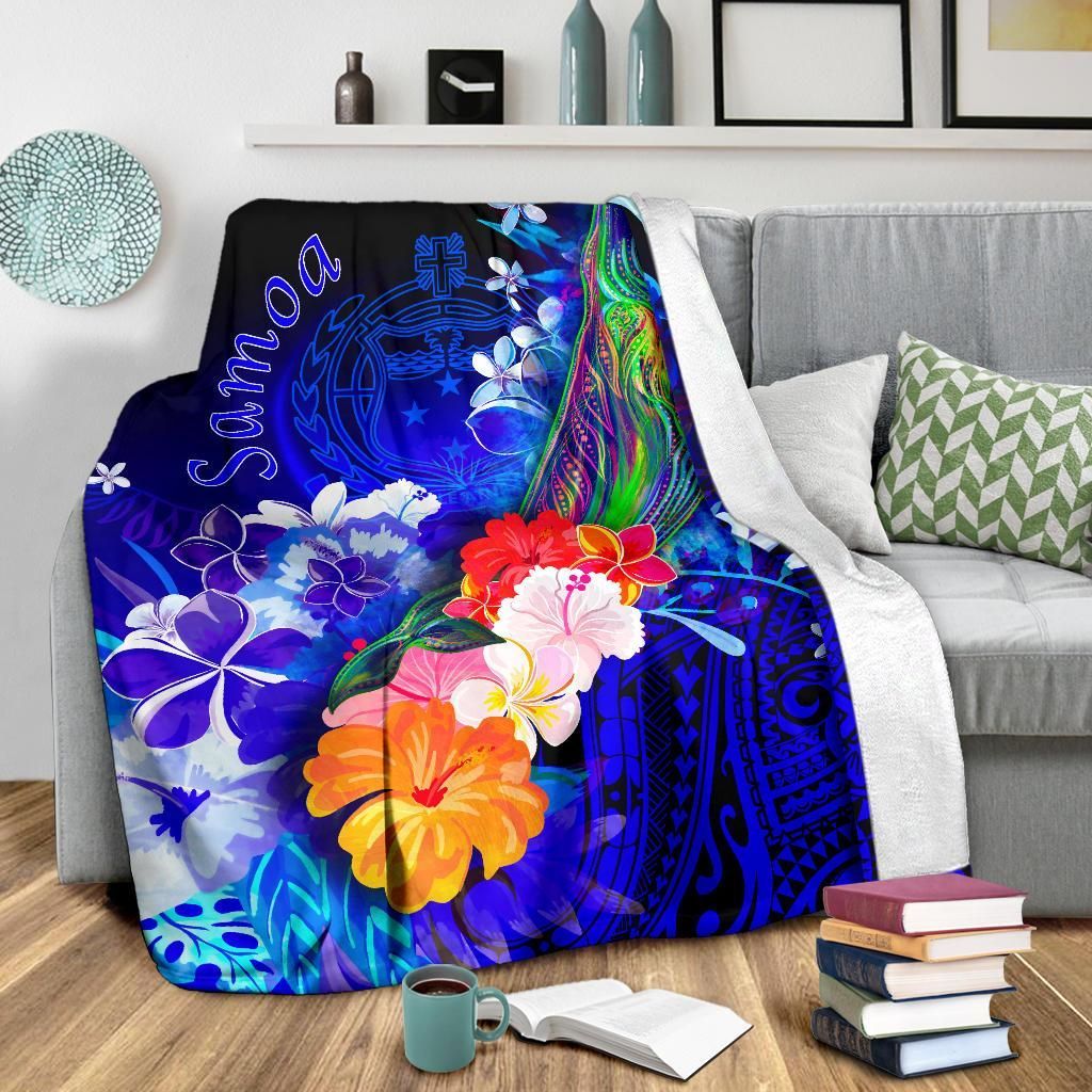 Samoa Premium Blanket - Humpback Whale with Tropical Flowers (Blue)